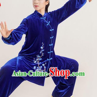 Professional Chinese Martial Arts Clothing Kung Fu Garments Wushu Performance Embroidered Uniforms Tai Chi Competition Royalblue Pleuche Suits