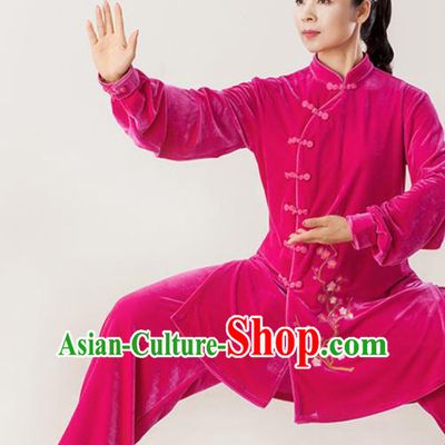 Professional Chinese Kung Fu Garments Wushu Performance Embroidered Uniforms Tai Chi Competition Rosy Pleuche Suits Martial Arts Clothing