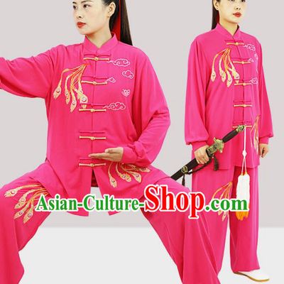 Professional Chinese Kung Fu Wushu Embroidered Phoenix Uniforms Tai Ji Competition Rosy Suits Martial Arts Performance Clothing Tai Chi Costumes