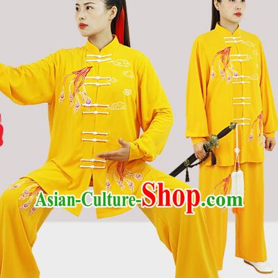 Professional Chinese Tai Chi Costumes Kung Fu Wushu Embroidered Phoenix Uniforms Tai Ji Competition Yellow Suits Martial Arts Performance Clothing