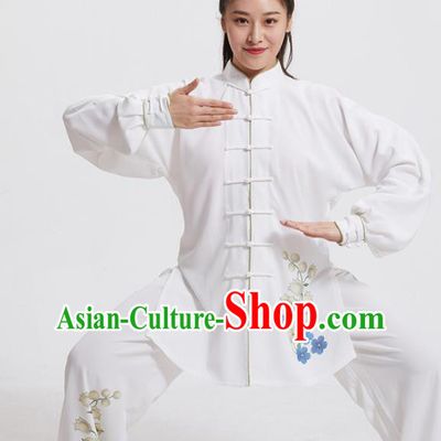 Chinese Tai Chi Training Printing Flowers White Uniforms Adults Kung Fu Performance Clothing Martial Arts Garment Costumes