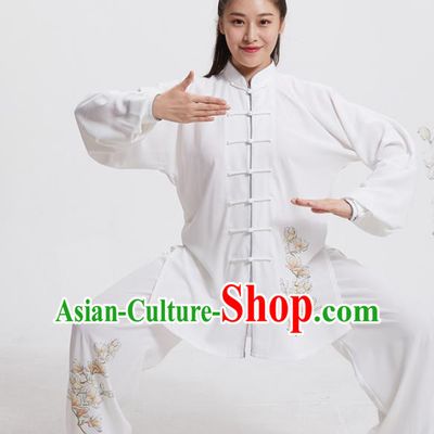 Chinese Martial Arts Garment Costumes Tai Chi Training Printing Mangnolia White Uniforms Adults Kung Fu Performance Clothing