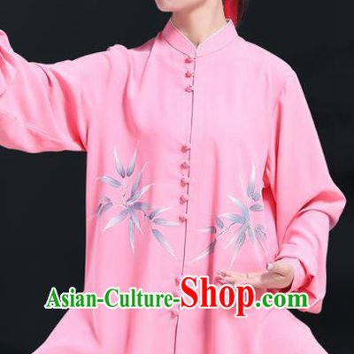 Professional Chinese Tai Ji Competition Clothing Martial Arts Printing Bamboo Leaf Pink Outfits Tai Chi Costumes Kung Fu Performance Uniforms