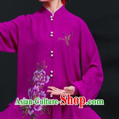 Professional Chinese Tai Ji Sword Performance Clothing Martial Arts Printing Peony Purple Outfits Tai Chi Training Costumes Kung Fu Uniforms