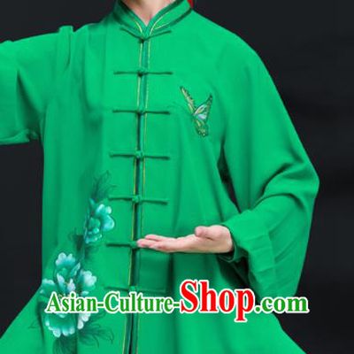 Professional Chinese Tai Chi Training Costumes Kung Fu Uniforms Tai Ji Sword Performance Clothing Martial Arts Printing Peony Green Outfits