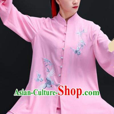 Professional Chinese Tai Ji Performance Costumes Tai Chi Training Uniforms Kung Fu Pink Outfits Martial Arts Embroidered Plum Clothing