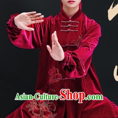 Professional Chinese Martial Arts Competition Clothing Tai Ji Sword Performance Costumes Tai Chi Training Uniforms Kung Fu Wine Red Pleuche Outfits