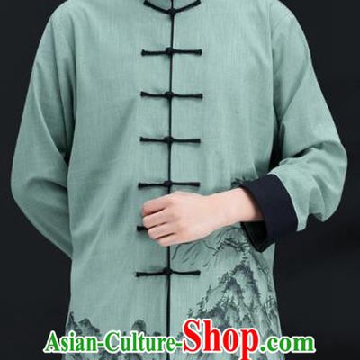Chinese Kung Fu Painting Landscape Clothing Martial Arts Garment Costumes Tai Chi Training Green Uniforms for Men