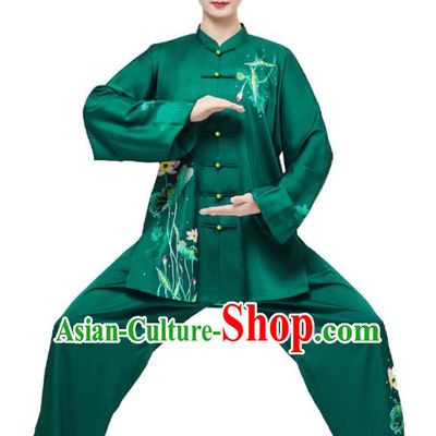 Chinese Martial Arts Kung Fu Clothing Tai Ji Sword Garment Costumes Tai Chi Printing Lotus Green Uniforms Wushu Competition Outfits