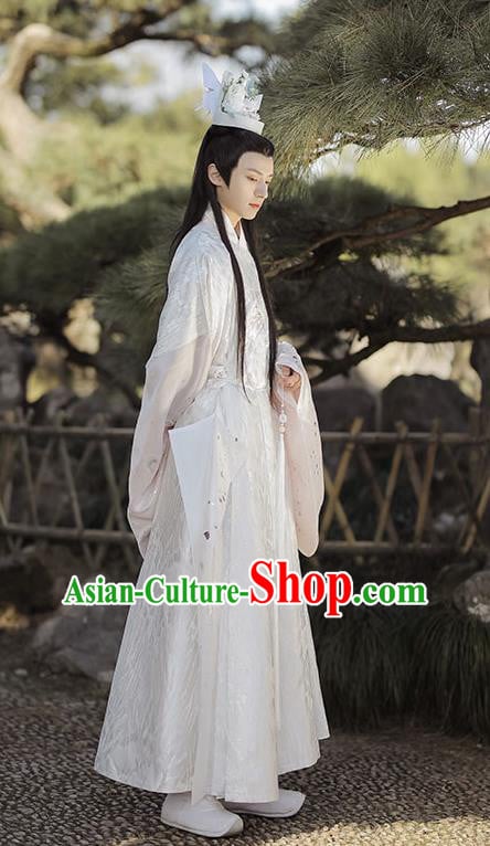 China Ming Dynasty Historical Garment Costumes Ancient Crown Prince White Hanfu Clothing