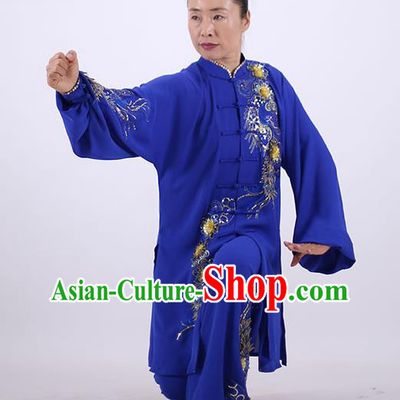China Tai Chi Royalblue Uniforms Wushu Group Competition Clothing Martial Arts Outfits Kung Fu Embroidered Costumes