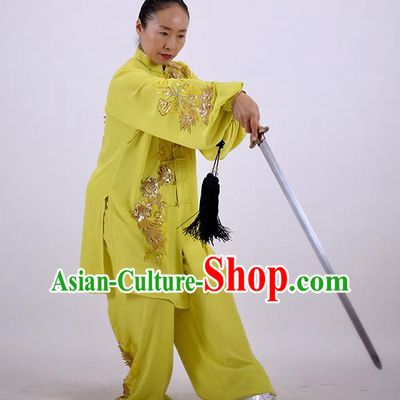 China Kung Fu Embroidered Costumes Tai Chi Yellow Uniforms Wushu Group Competition Clothing Martial Arts Outfits