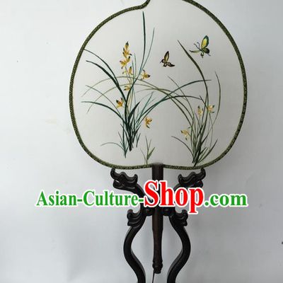 China Suzhou Embroidery Orchids Palace Fan Peach Shape Silk Fan Traditional Hanfu Fan Classical Cheongsam Dance Fans