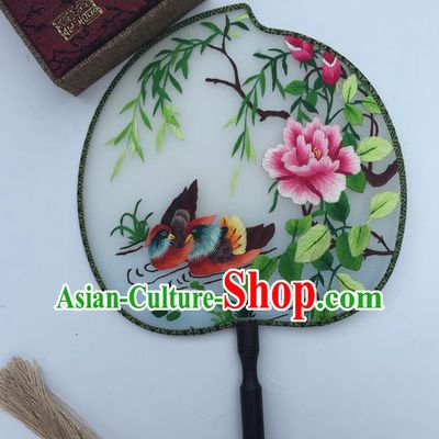 China Classical Cheongsam Dance Fans Suzhou Embroidery Mandarin Duck Palace Fan Handmade Peach Shape Silk Fan Traditional Hanfu Fan