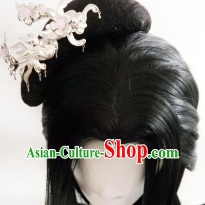 China Ancient Female Knight Wigs Traditional Drama Hanfu Chignon Hairpieces Cosplay Swordswoman Black Wig Sheath