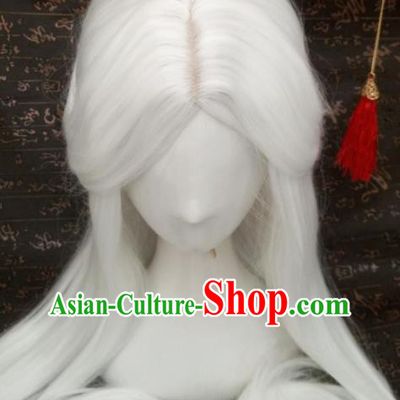 Handmade Chinese Cosplay Taoist Priest White Wigs Ancient Swordsman Headwear Drama Su Huanzhen Chignon and Lotus Crown Headdress