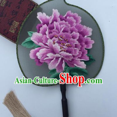China Suzhou Embroidery Peony Double Side Fan Handmade Peach Shape Fan Traditional Cheongsam Palace Fan Classical Dance Silk Fans