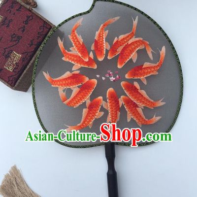 China Classical Double Side Silk Fans Suzhou Embroidery Fishes Fan Handmade Peach Shape Palace Fan Traditional Cheongsam Dance Fan
