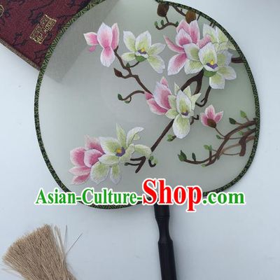 China Traditional Cheongsam Dance Fan Classical Double Side Silk Fans Suzhou Embroidery Mangnolia Fan Handmade Peach Shape Palace Fan
