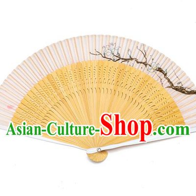 Handmade Chinese Female Silk Accordion Craft Fans Ink Painting Mangnolia Folding Fan Bamboo Fan