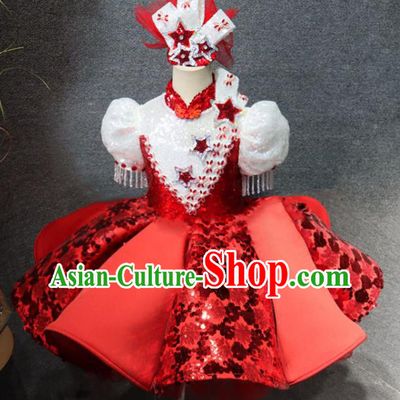 Top Girls Chorus Formal Evening Wear Costume Girl Catwalks Red Bubble Dress Children Stage Show Clothing