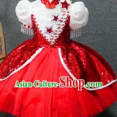 Top Children Stage Show Clothing Girls Chorus Formal Evening Wear Costume Girl Catwalks Red Veil Bubble Dress