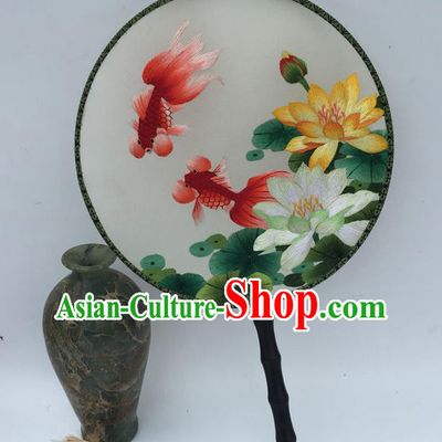 China Handmade Craft Fans Vintage Silk Fan Embroidery Lotus Goldfish Palace Fan Traditional Cheongsam Round Fan