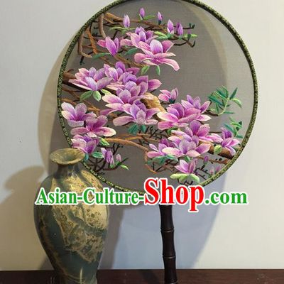 China Vintage Silk Fan Embroidery Mangnolia Palace Fan Traditional Cheongsam Round Fan Handmade Craft Fans