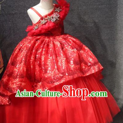 Top Girls Compere Formal Evening Wear Costume Girl Catwalks Red Veil Long Dress Children Stage Show Clothing