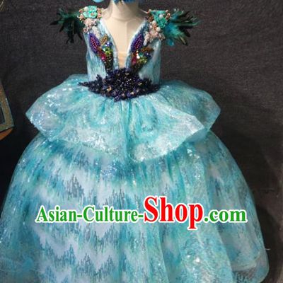 Top Children Stage Show Embroidered Sequins Clothing Girls Compere Formal Evening Wear Costume Girl Catwalks Blue Long Dress