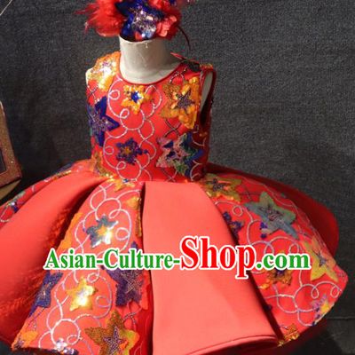 Top Girl Catwalks Red Bubble Dress Children Stage Show Embroidered Sequins Clothing Girls Compere Formal Evening Wear Costume