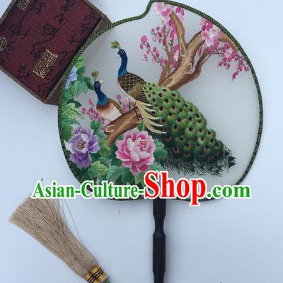 China Classical Cheongsam Dance Fans Suzhou Embroidery Peacock Peony Silk Fan Handmade Peach Shape Fan Traditional Palace Fan