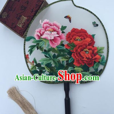 China Suzhou Embroidery Peony Fan Handmade White Silk Peach Shape Fan Traditional Cheongsam Palace Fan Classical Dance Fans