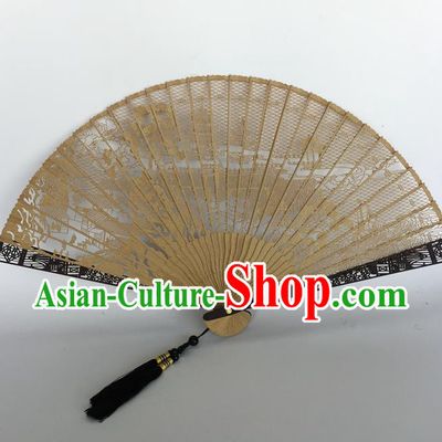 Handmade Chinese Folding Fan Carving Suzhou Gardens Craft Accordion Sandalwood Fan