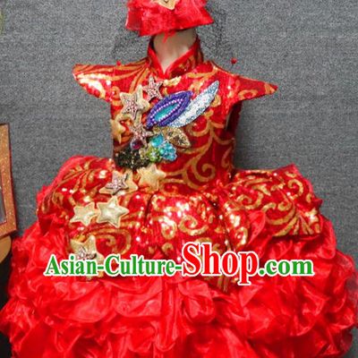 Top Christmas Formal Evening Wear Children Day Performance Clothing Girl Chorus Garment Catwalks Red Sequins Flower Dress