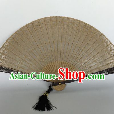 Handmade Chinese Sandalwood Fan Folding Fan Carving Peacock Feather Craft Accordion