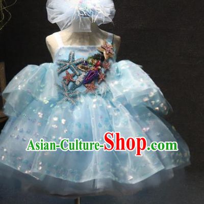Top Children Stage Show Embroidered Starfish Clothing Girls Compere Formal Evening Wear Girl Catwalks Blue Bubble Dress