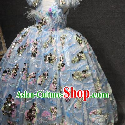 Top Girl Catwalks Embroidered Sequins Dress Children Princess Stage Show Feather Clothing Girls Compere Formal Evening Wear