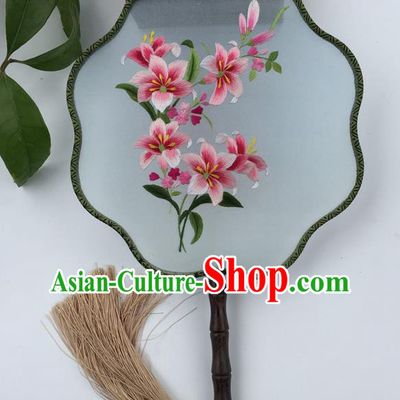 China Suzhou Embroidery Lily Flowers Fan Traditional Cultural Dance Fan Vintage Silk Fans Handmade Double Sided Embroidered Fan