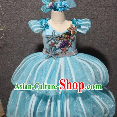 Top Chorus Performance Garment Girl Catwalks Blue Layered Dress Christmas Formal Evening Wear Children Princess Stage Show Clothing
