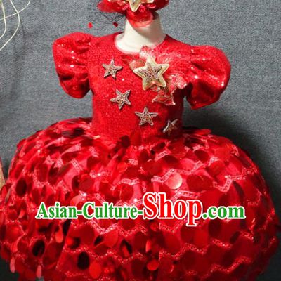 Top Children Princess Stage Show Clothing Chorus Performance Garment Girl Catwalks Red Bubble Dress Christmas Formal Evening Wear