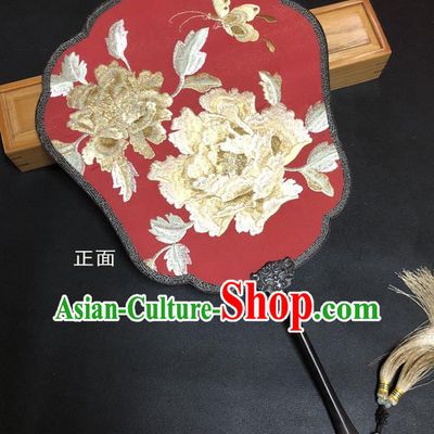 China Vintage Embroidered Peony Palace Fan Handmade Red Silk Fan Ancient Princess Fans Traditional Wedding Fan