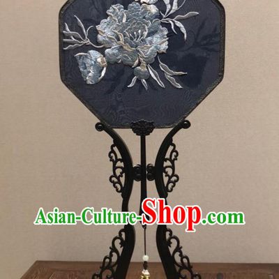 China Traditional Navy Silk Octagon Fan Vintage Embroidered Peony Palace Fan Handmade Hanfu Fan Ancient Princess Fans