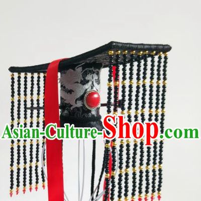Handmade Chinese Qin Dynasty Emperor Hair Crown Ancient Royal King Headwear Drama Traditional Hanfu Black Beads Tassel Hat