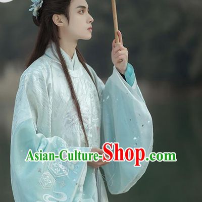 China Traditional Ming Dynasty Prince Blue Hanfu Robe Clothing Ancient Noble Childe Historical Garment Costume for Men