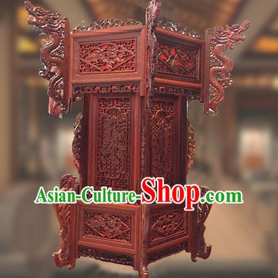 China Classical Wood Carving Dragon Head Lanterns Handmade Palace Lantern Traditional Court Light Lamp Drama Hanging Lantern