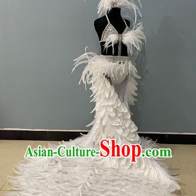 Brazilian Carnival Costumes Professional Children Catwalks Clothing Girl Swimsuit White Feather Trailing Dress and Headpiece