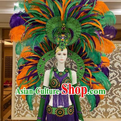 Brazilian Carnival Props Professional Samba Dance Clothing Miami Deluxe Green Feathers Wings and Headdress