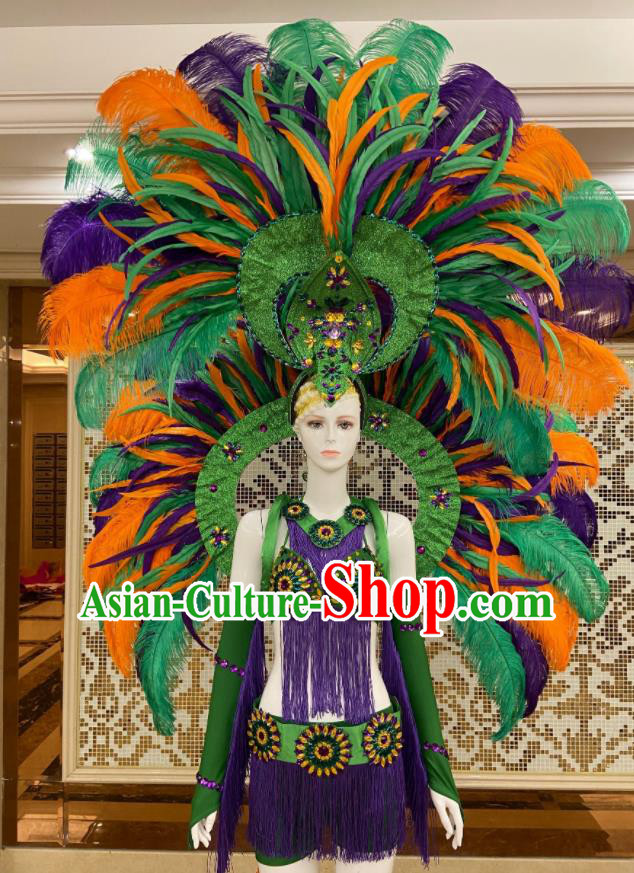 Brazilian Carnival Props Professional Samba Dance Clothing Miami Deluxe Green Feathers Wings and Headdress Brazilian Carnival Props Professional Samba Dance Clothing Miami Deluxe Green Feathers Wings and Headdress