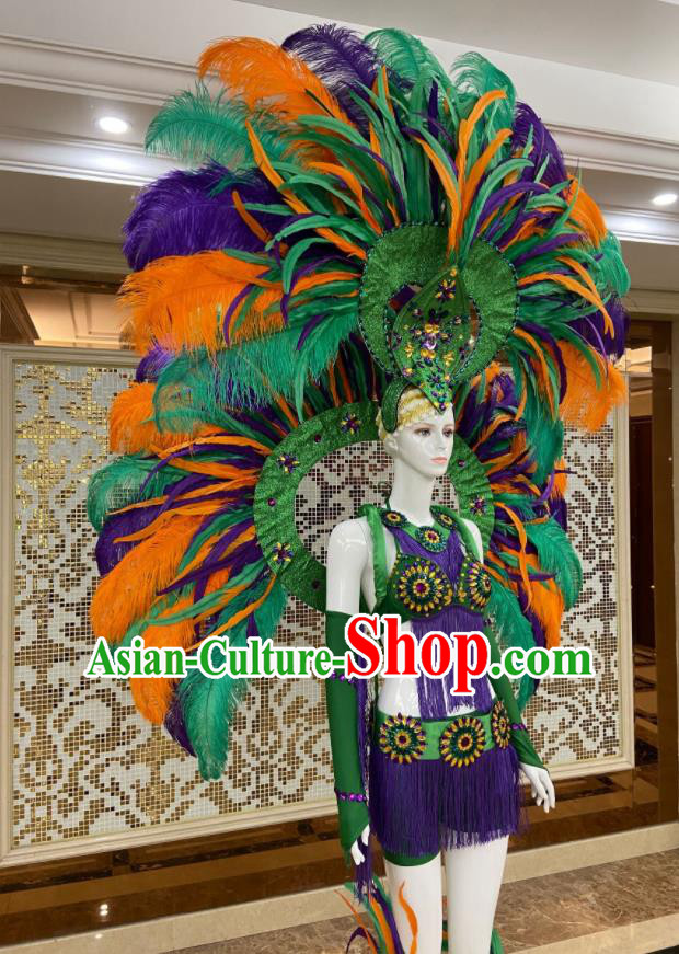 Brazilian Carnival Props Professional Samba Dance Clothing Miami Deluxe Green Feathers Wings and Headdress Brazilian Carnival Props Professional Samba Dance Clothing Miami Deluxe Green Feathers Wings and Headdress